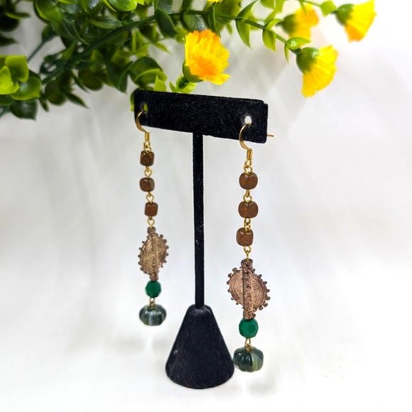 Genuine Jasper, Wood and Crystal Bead Vintage Dangle Earrings - Picture 2 of 4